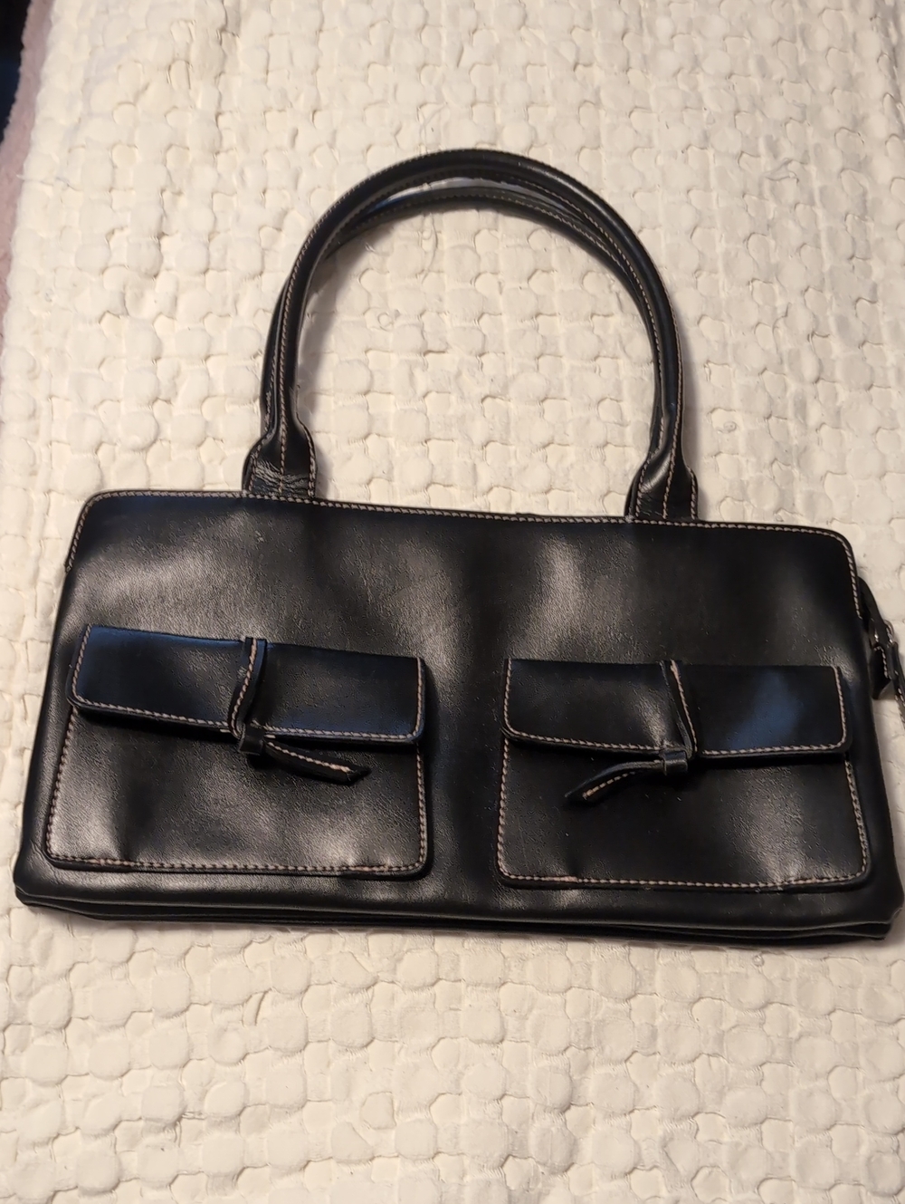 VTG Y2K Emilie M Black Multi Pocket Shoulder Bag East West Simulated Leather